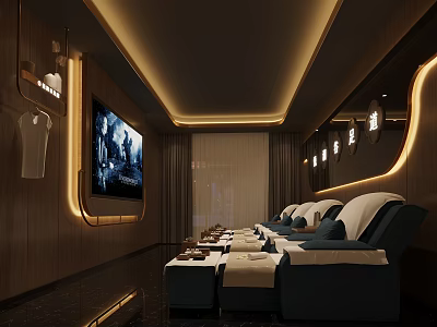 Modern SPA Sauna Interior Design With Comfortable Loungers TV Screen And Ambient Lighting 3d model