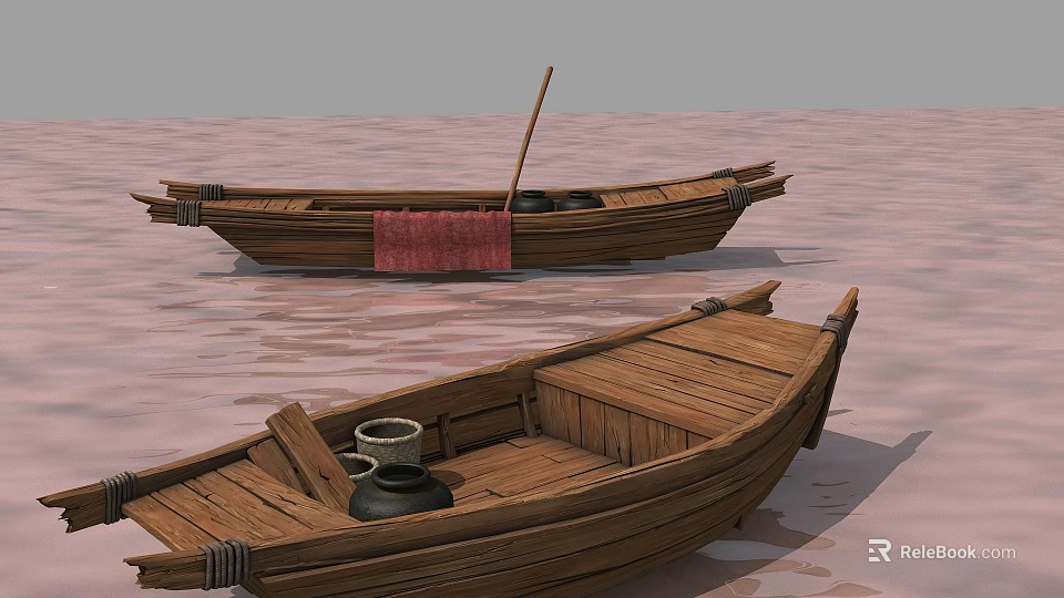 Floating Wooden Boats on Calm Water with Red Cloth and Clay Pots 3d model 