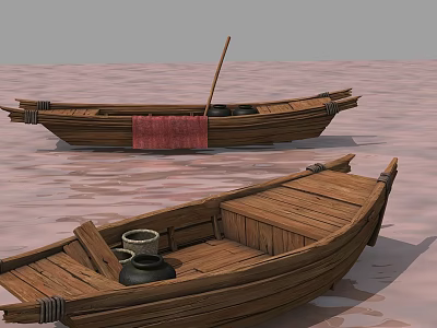 Floating Wooden Boats on Calm Water with Red Cloth and Clay Pots 3d model