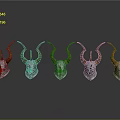 Five Silver Helmets With Golden Horns Arranged On Black Background With Reflections