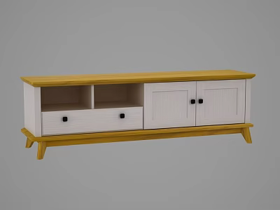Modern TV Stand With Wooden Top White Cabinet Drawers And Doors 3d model