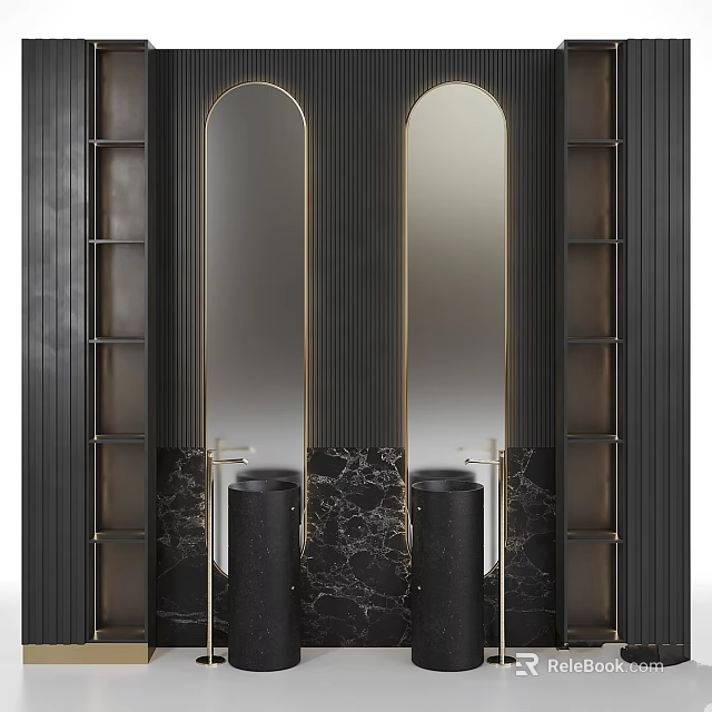 Luxurious Double Washbasin With Black Basins Marble Background Golden Lines Arched Mirrors And Side Shelves 3d model 
