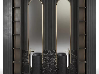Luxurious Double Washbasin With Black Basins Marble Background Golden Lines Arched Mirrors And Side Shelves 3d model