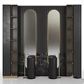 Luxurious Double Washbasin With Black Basins Marble Background Golden Lines Arched Mirrors And Side Shelves