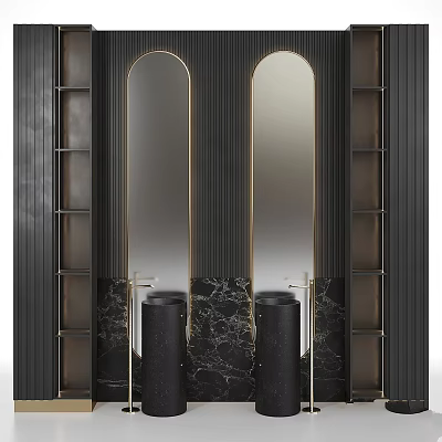 Luxurious Double Washbasin With Black Basins Marble Background Golden Lines Arched Mirrors And Side Shelves 3d model
