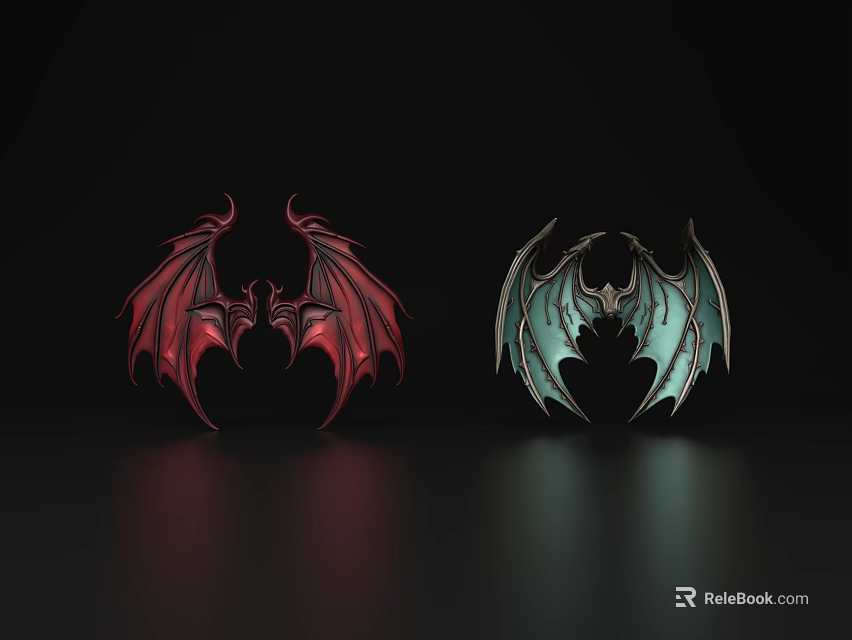 Two Stylized Dragon Wings In Red And Blue With Intricate Design On Dark Background 3d model 