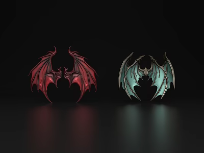 Two Stylized Dragon Wings In Red And Blue With Intricate Design On Dark Background 3d model