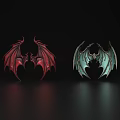 Two Stylized Dragon Wings In Red And Blue With Intricate Design On Dark Background
