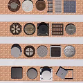 Various Manhole Covers And Grates With Different Shapes And Patterns
