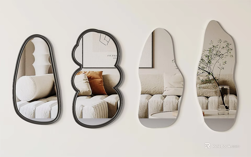 Modern Various Shaped Mirrors Reflecting Sofa And Plant In Interior 3d model 