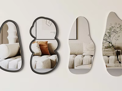 Modern Various Shaped Mirrors Reflecting Sofa And Plant In Interior 3d model