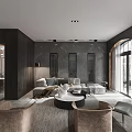 Modern Living Dining Room Dark Tones Open Concept Marble Table Sofa Art Sculpture Large Windows