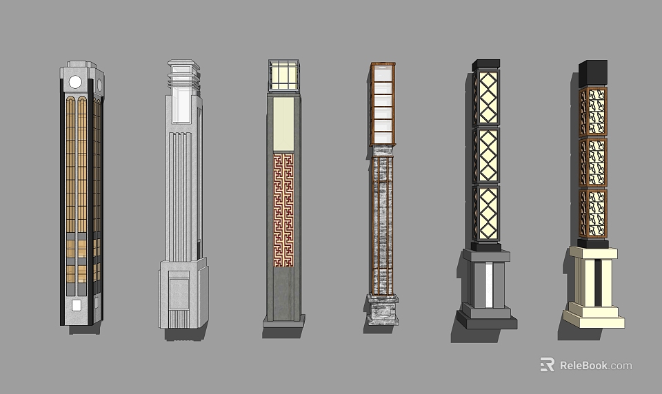 Outdoor Lamp Posts With Assorted Decorative Styles Lattice Patterns Glass Inserts And Ornamental Details 3d model 