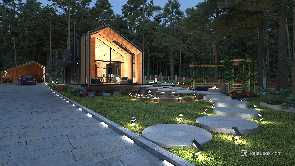 Modern Detached Villa in Forest Setting With Lawn Stone Path And Illuminated Steps 3d model