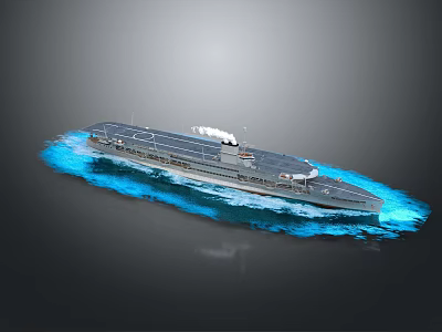 Large Naval Aircraft Carrier Sailing On Sea With Blue Waves Flight Deck And Smoke Stack 3d model