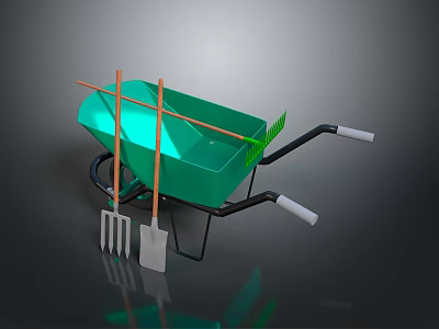 Durable Green Industrial Wheelbarrow With Garden Fork Shovel And Rake Tools 3d model Durable Green Industrial Wheelbarrow With Garden Fork Shovel And Rake Tools 3d model