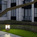 Outdoor Lights Illuminating Modern Building Exterior With Lawn And Stone Path