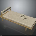 Minimalist Wooden Frame Daybed With Beige Fabric Cushion And Two Small Pillows
