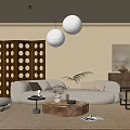 Modern Minimalist Living Room Interior With Beige Sofa Wooden Partition And Spherical Pendant Lights