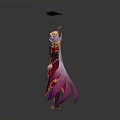 Woman In Elegant Red And Purple Robe Holding Red Decorative Staff With Black Winged Object