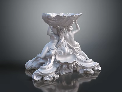 White Ceramic Garden Ornament With Two Putti Holding Bowl Shaped Container And Scroll Like Decorations 3d model