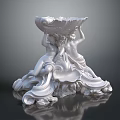 White Ceramic Garden Ornament With Two Putti Holding Bowl Shaped Container And Scroll Like Decorations