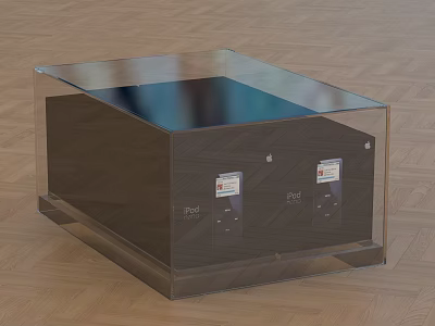 Transparent Glass Top Square Coffee Table With Headphone Speaker Devices On Wooden Floor 3d model