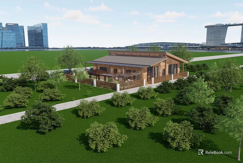 Wooden Hotel Building Surrounded by Green Lawn Trees and Modern Buildings in Background 3d model 