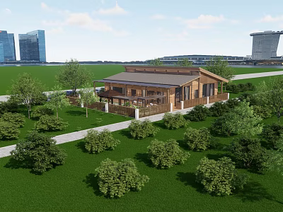Wooden Hotel Building Surrounded by Green Lawn Trees and Modern Buildings in Background 3d model