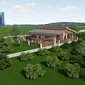 Wooden Hotel Building Surrounded by Green Lawn Trees and Modern Buildings in Background