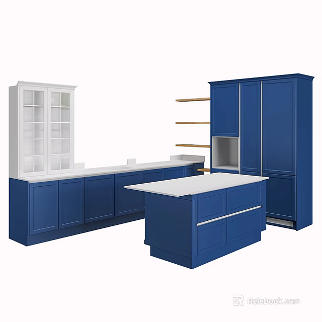 Modern Blue Kitchen Cabinets With White Countertop Island And Glass Front Design 3d model 