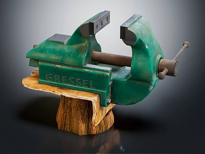 Gressel Green Bench Vise Hardware Tool with Wooden Base and Metal Clamping Parts 3d model