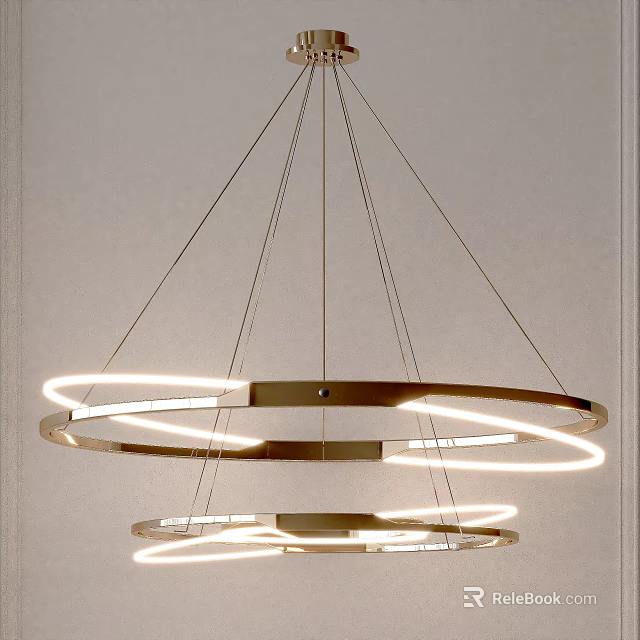 Modern Hanging Chandelier With Multiple Illuminated Circular Rings And Sleek Metal Frame Design 3d model 