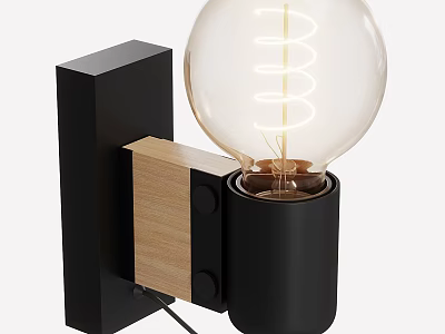 Modern Wall Lamp With Black Square Frame Wooden Accents And Clear Glass Spiral Filament Bulb 3d model