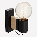 Modern Wall Lamp With Black Square Frame Wooden Accents And Clear Glass Spiral Filament Bulb
