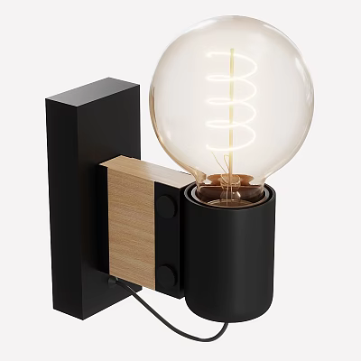 Modern Wall Lamp With Black Square Frame Wooden Accents And Clear Glass Spiral Filament Bulb 3d model