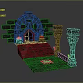 Cartoon Scene of Ancient Stone Entrance with Arched Door Burning Torches Stone Steps and Pillars