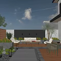 Modern Outdoor Garden with Wooden Deck Sofa Dining Table Plants and Wall Lighting
