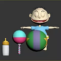Cartoon Baby Character With Baby Bottle Rattle And Colorful Ball Toys