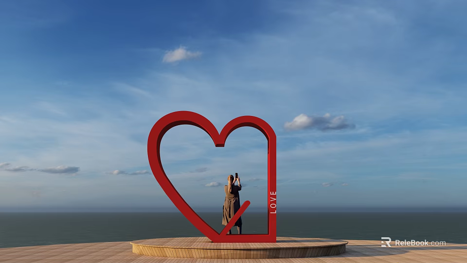 Red Heart Sculpture With LOVE Letters And Person Taking Photo Against Blue Sky And Sea 3d model 