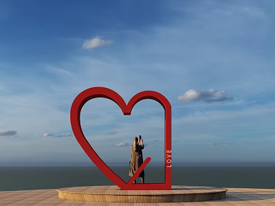 Red Heart Sculpture With LOVE Letters And Person Taking Photo Against Blue Sky And Sea 3d model