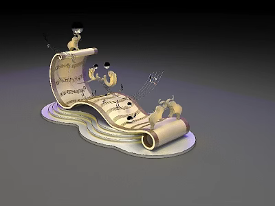 Decorative Musical Scroll Scene With Cartoon Animals Playing And Floating Notes 3d model