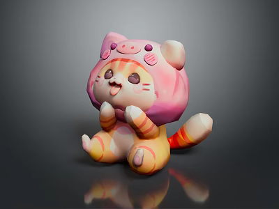 Cute Cartoon Cat Figure With Pink Head Orange Yellow Body And Striped Tail Sitting 3d model