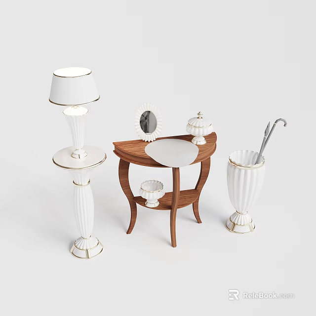 White Table Lamp with Gold Accents on Elegant Wooden Curved Side Table and Vase 3d model 