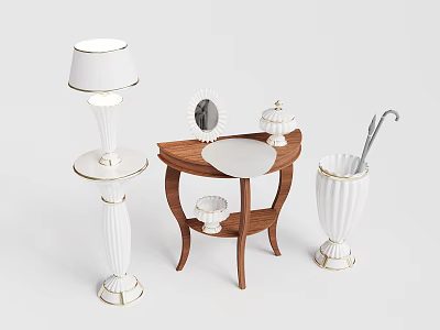 White Table Lamp with Gold Accents on Elegant Wooden Curved Side Table and Vase 3d model