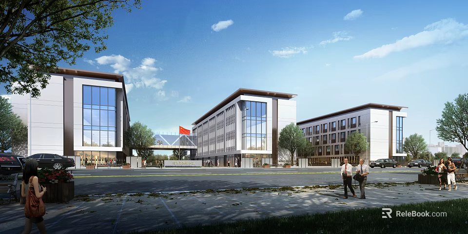 Modern School Buildings Exterior With Glass Facade Red Flag Green Trees And Blue Sky 3d model 