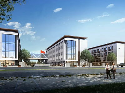Modern School Buildings Exterior With Glass Facade Red Flag Green Trees And Blue Sky 3d model