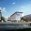 Modern School Buildings Exterior With Glass Facade Red Flag Green Trees And Blue Sky