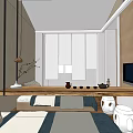 Cozy Hotel Room Interior Design With Blue Bedding Wooden Flooring White Curtains And Hanging Lights