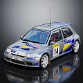 Silver Rally Racing Car with Liqui Moly Logo Blue Yellow Stripes Number 14